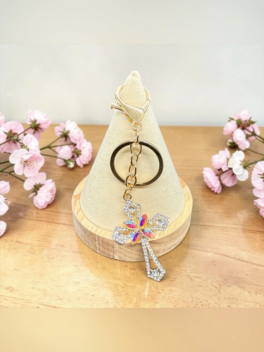 ✝️Gold-Tone Crystal Cross w/Iridescent Flower Keychain/Bag Charm/NWOT✝️